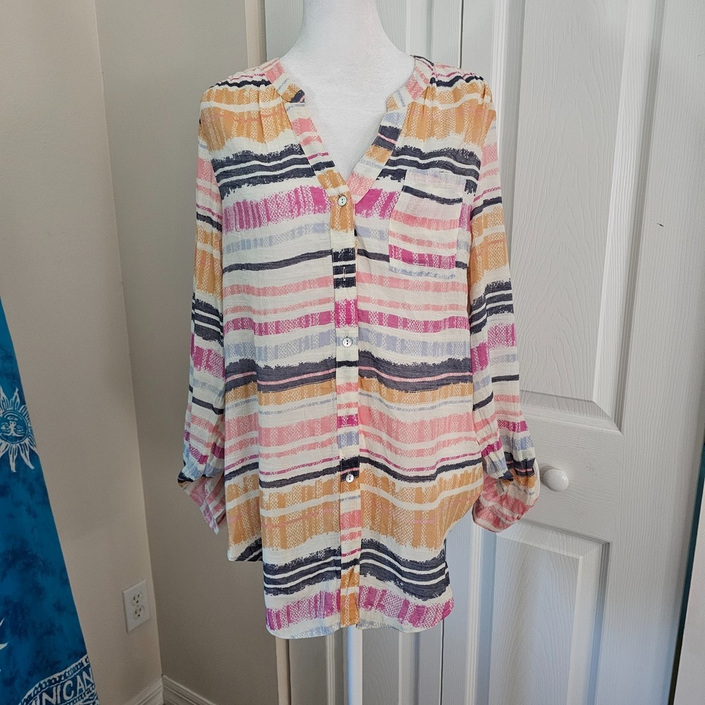 Zac & Rachel Womens M Striped Button Front Shirt Roll Tab Sleeve Boho Colorful
